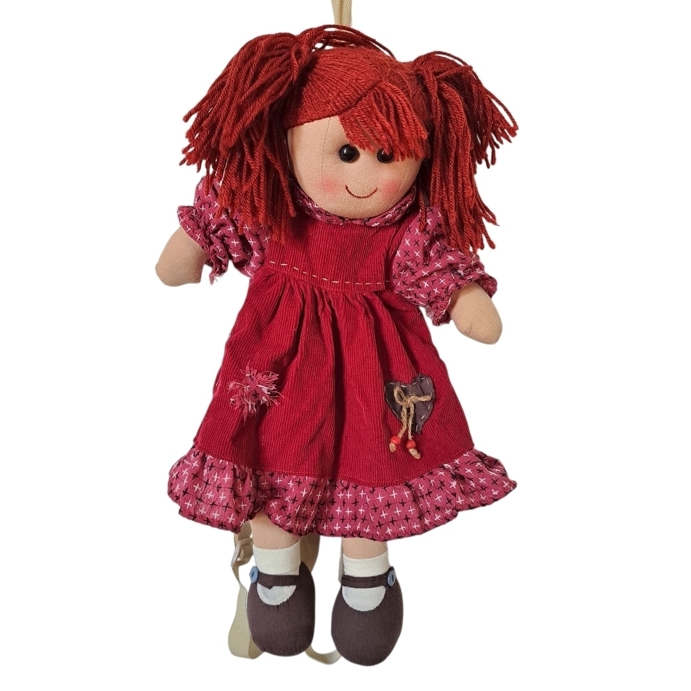 Vintage Rag Doll Backpack – Red Corduroy & Cotton, Zipper Closure, Adjustable
